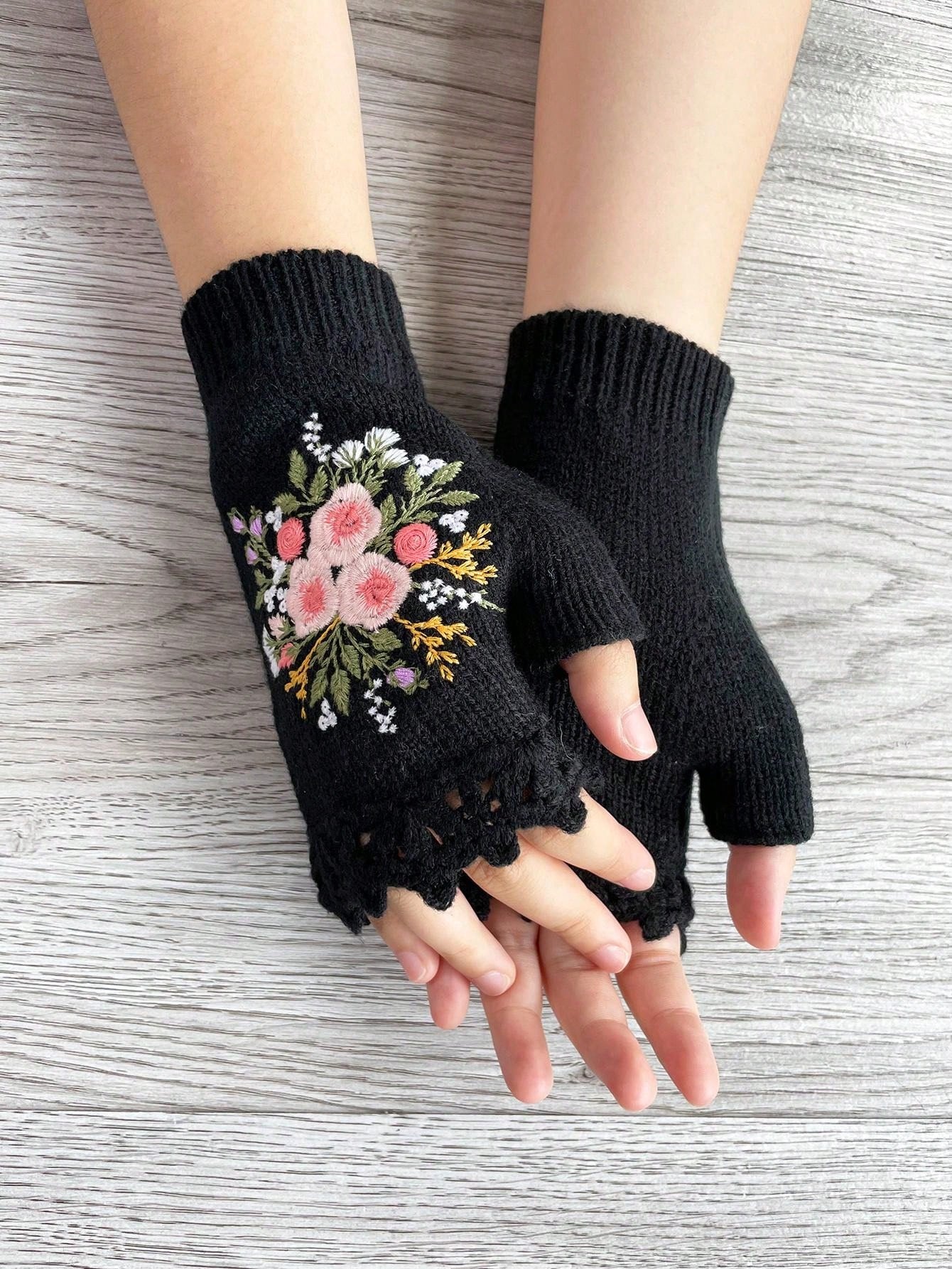 1 Pair Women Retro Style Handmade Crochet Edge Embroidered Floral Half Finger Knitted Gloves, Autumn/Winter Summer