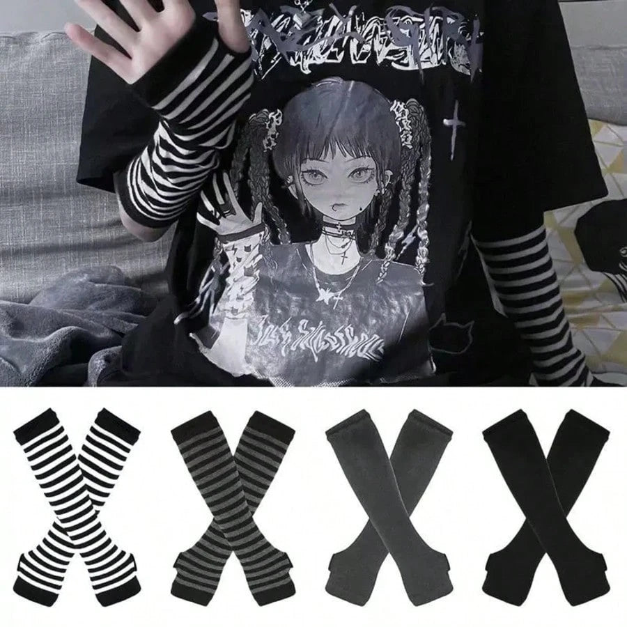 1 Pair Y2K Punk Striped Knitted Gloves, Elastic UV Protection Fingerless Mittens, Harajuku Streetwear Accessories For Women, Suitable For Outdoor, Driving, Travel
