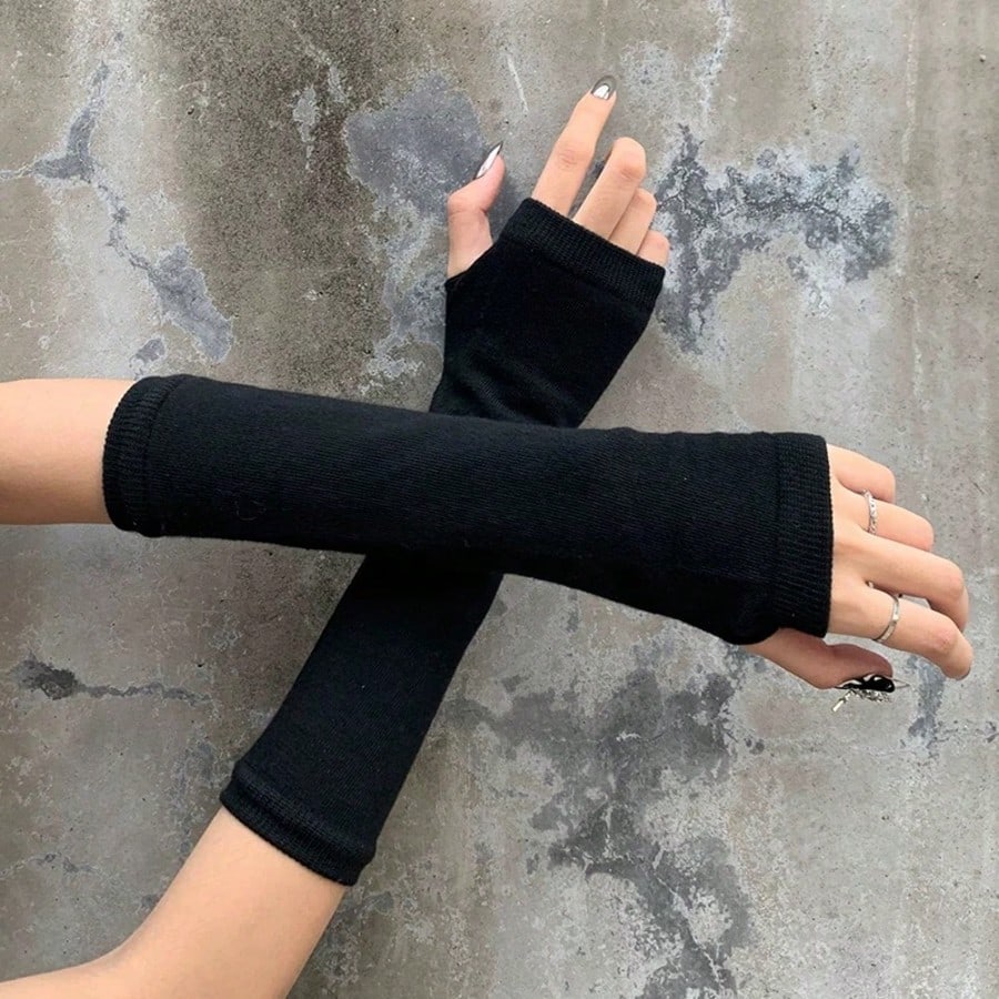 1 Pair Y2K Punk Striped Knitted Gloves, Elastic UV Protection Fingerless Mittens, Harajuku Streetwear Accessories For Women, Suitable For Outdoor, Driving, Travel