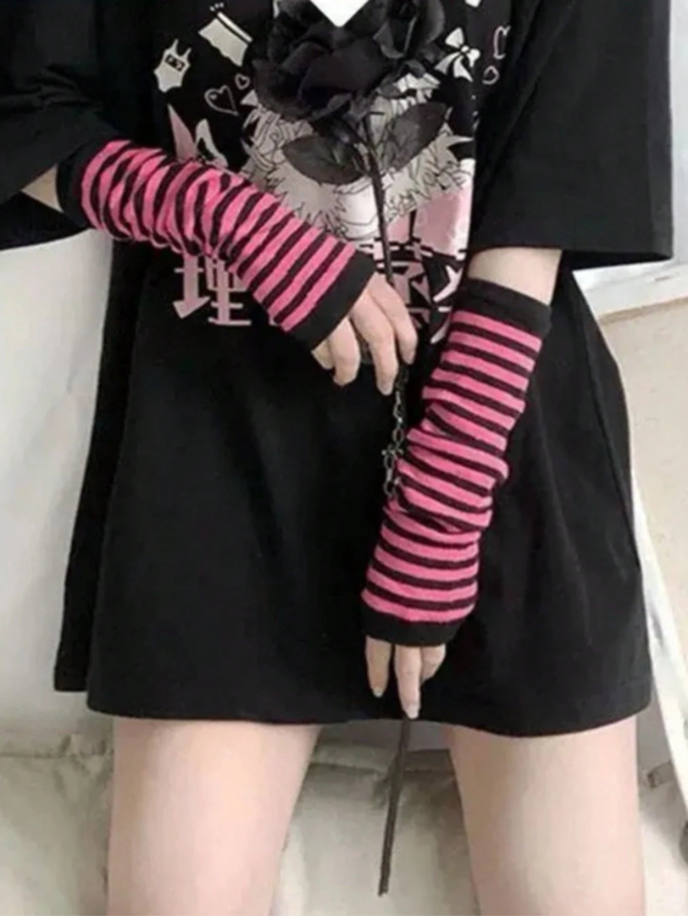 1 Pair Y2K Punk Striped Knitted Gloves, Elastic UV Protection Fingerless Mittens, Harajuku Streetwear Accessories For Women, Suitable For Outdoor, Driving, Travel