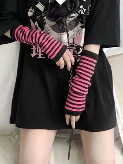 1 Pair Y2K Punk Striped Knitted Gloves, Elastic UV Protection Fingerless Mittens, Harajuku Streetwear Accessories For Women, Suitable For Outdoor, Driving, Travel