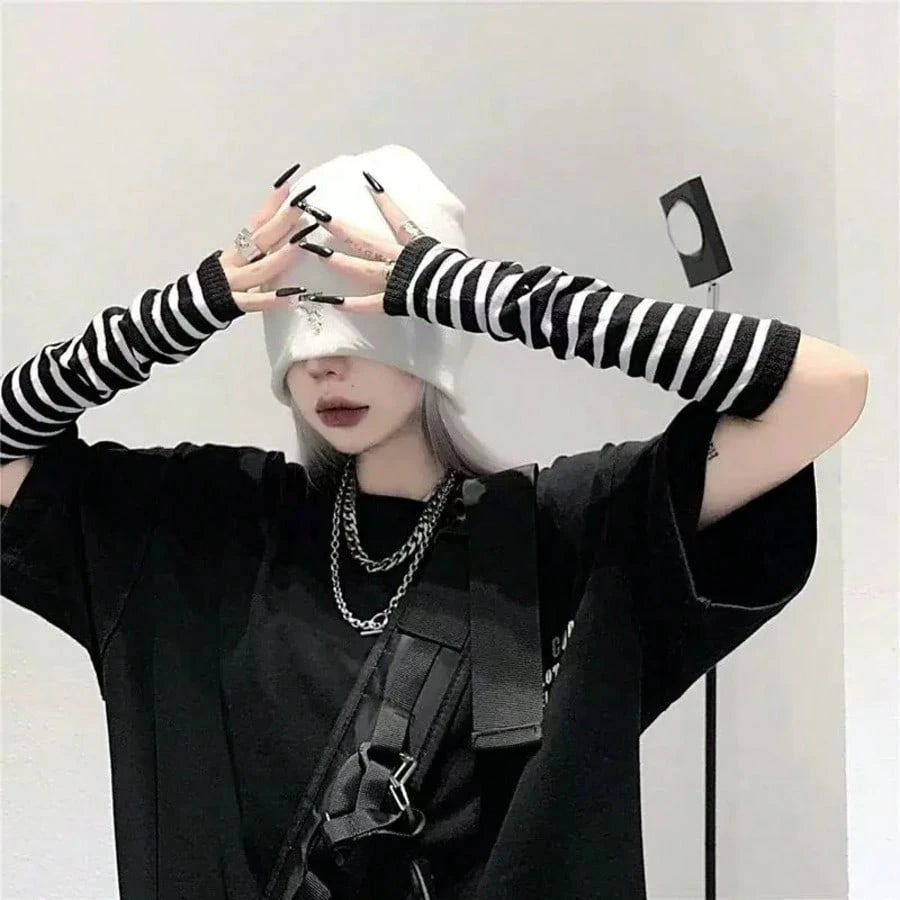 1 Pair Y2K Punk Striped Knitted Gloves, Elastic UV Protection Fingerless Mittens, Harajuku Streetwear Accessories For Women, Suitable For Outdoor, Driving, Travel