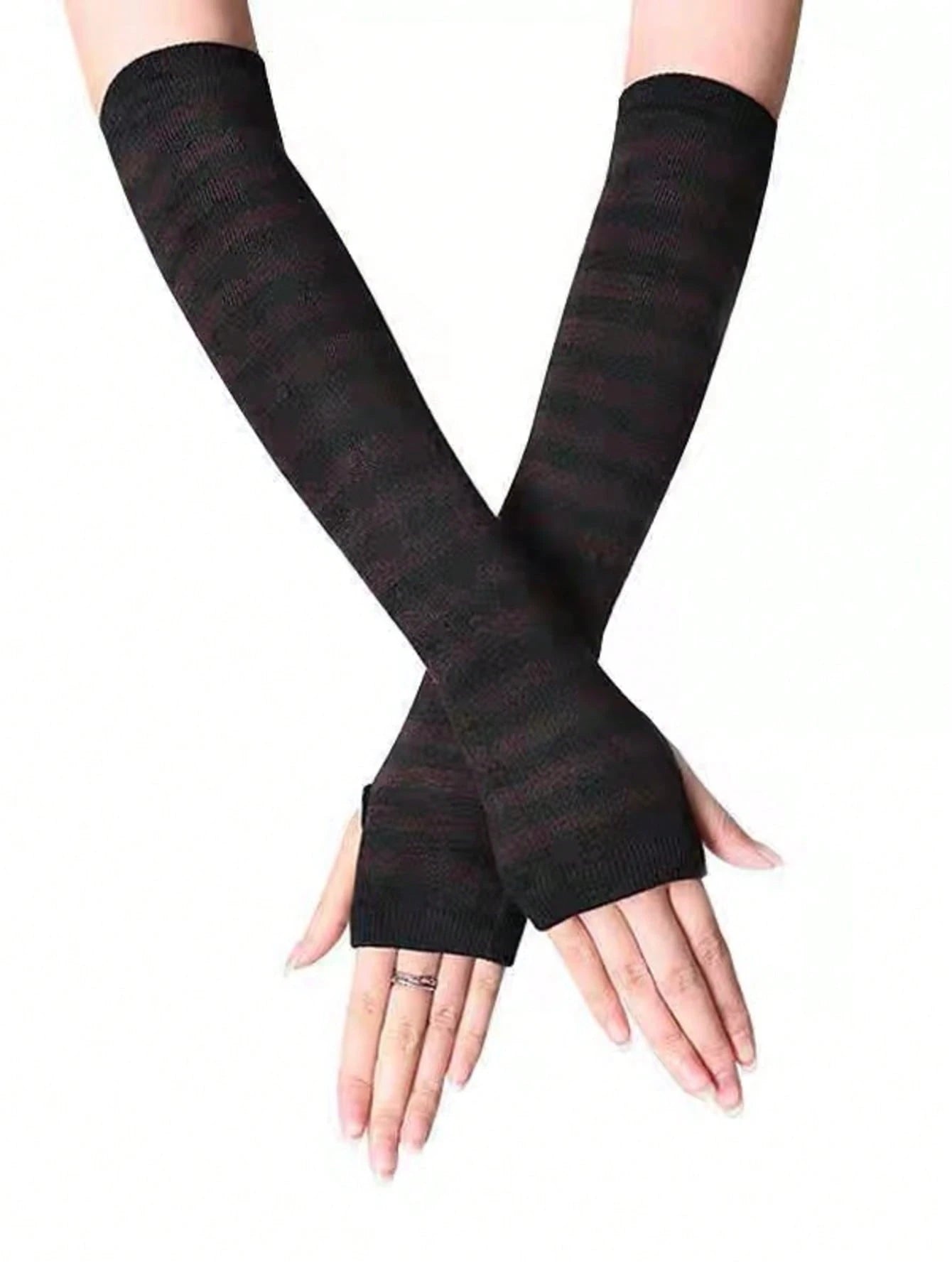 1 Pair Y2K Punk Striped Knitted Gloves, Elastic UV Protection Fingerless Mittens, Harajuku Streetwear Accessories For Women, Suitable For Outdoor, Driving, Travel