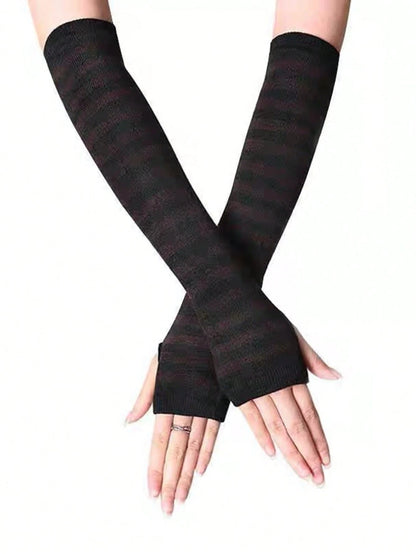 1 Pair Y2K Punk Striped Knitted Gloves, Elastic UV Protection Fingerless Mittens, Harajuku Streetwear Accessories For Women, Suitable For Outdoor, Driving, Travel