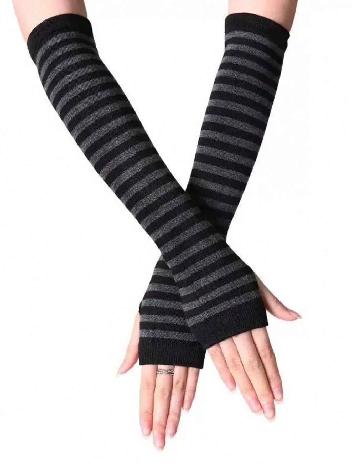1 Pair Y2K Punk Striped Knitted Gloves, Elastic UV Protection Fingerless Mittens, Harajuku Streetwear Accessories For Women, Suitable For Outdoor, Driving, Travel