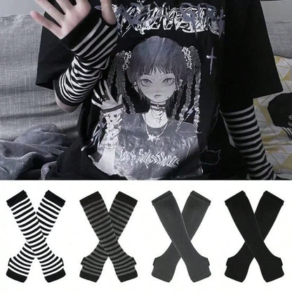 1 Pair Y2K Punk Striped Knitted Gloves, Elastic UV Protection Fingerless Mittens, Harajuku Streetwear Accessories For Women, Suitable For Outdoor, Driving, Travel