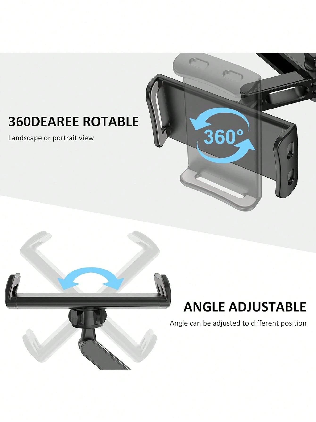 1 Pc For Kids Black 360° Rotating Adjustable Car Headrest Backseat Mount Holder Compatible With All 4"-11" Tablets, Cellphones, IPad Air Mini, Tabs Switch Road Trip Essentials