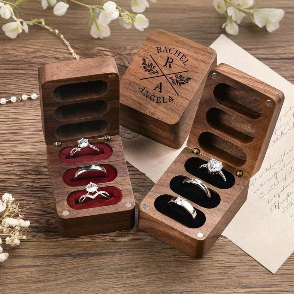 1 Pc Personalised Walnut Wood Flip Ring Box, Customized Engraved Wedding Ring Box, Engagement Ring Box, 3 Slots Ring Box, Ring Bearer Box, Anniversary, Proposal Ring Holder, Delicate Romance, Jewelry
