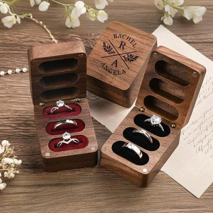 1 Pc Personalised Walnut Wood Flip Ring Box, Customized Engraved Wedding Ring Box, Engagement Ring Box, 3 Slots Ring Box, Ring Bearer Box, Anniversary, Proposal Ring Holder, Delicate Romance, Jewelry
