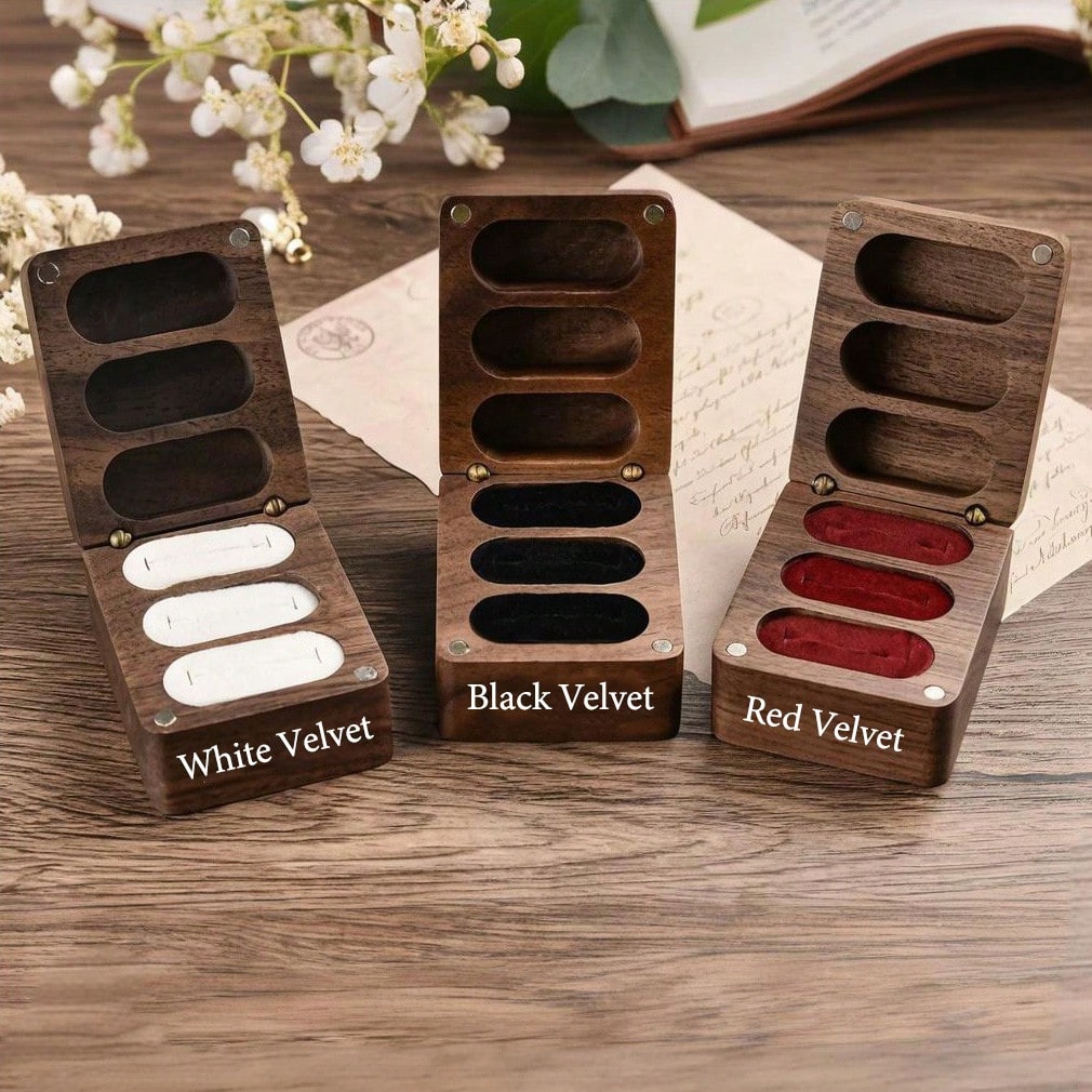 1 Pc Personalised Walnut Wood Flip Ring Box, Customized Engraved Wedding Ring Box, Engagement Ring Box, 3 Slots Ring Box, Ring Bearer Box, Anniversary, Proposal Ring Holder, Delicate Romance, Jewelry