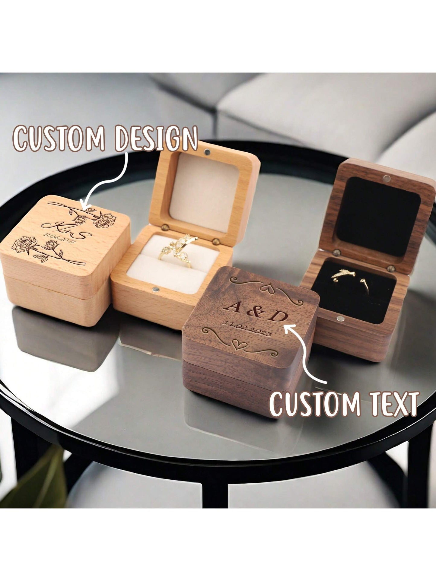 1 Pc Personalized Wooden Ring Box- Elegant Black Square Holder For Engagement/Wedding Rings Space-Saving Exquisite, Stylish, High-Quality, Vintage, Tidy Custom, Personalized, Unique Ideal Gifts For H
