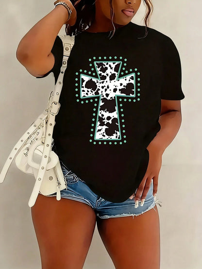 1 Pcs Western Graphic Print Women's Plus Size T-Shirt Funny Patterns, Comfortable And Stress-Free, Loose Fit, 100% Polyester Casual Crew Neck Top, 220g Machine Washable And Hand Washable