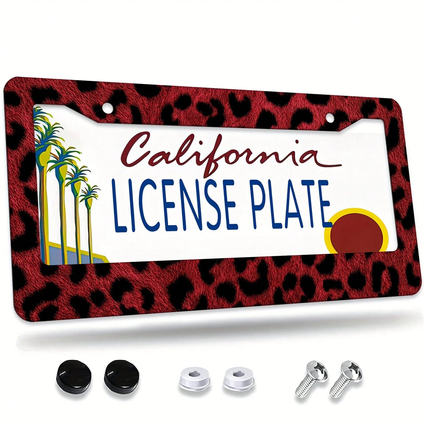 1 Piece, 12*6inch Red And Black Faux Fur Leopard Print, Aluminum License Plate Frame, Wear-Resistant And Waterproof, Universal For American Cars,Graduation Gifts,Car Decor,Car Acessesories Women,Car A