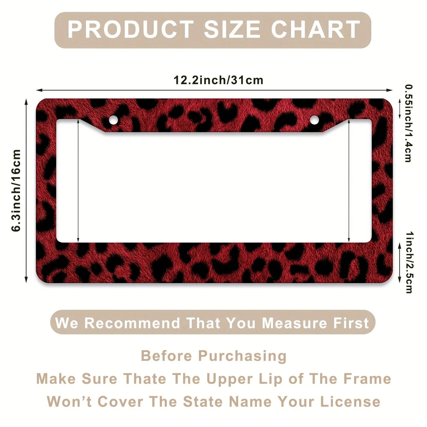 1 Piece, 12*6inch Red And Black Faux Fur Leopard Print, Aluminum License Plate Frame, Wear-Resistant And Waterproof, Universal For American Cars,Graduation Gifts,Car Decor,Car Acessesories Women,Car A