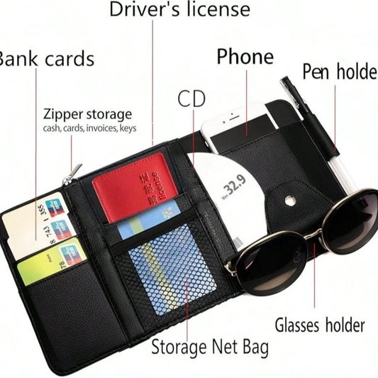 1-Piece Car Sun Visor Storage Bag/Eyeglass Clip- Multi-Functional Sun Visor Storage Bag With Zipper Design, Suitable For Sunglasses, Cards, Pens, Documents, Car Receipts, ID Cards, Truck Sun Visor St