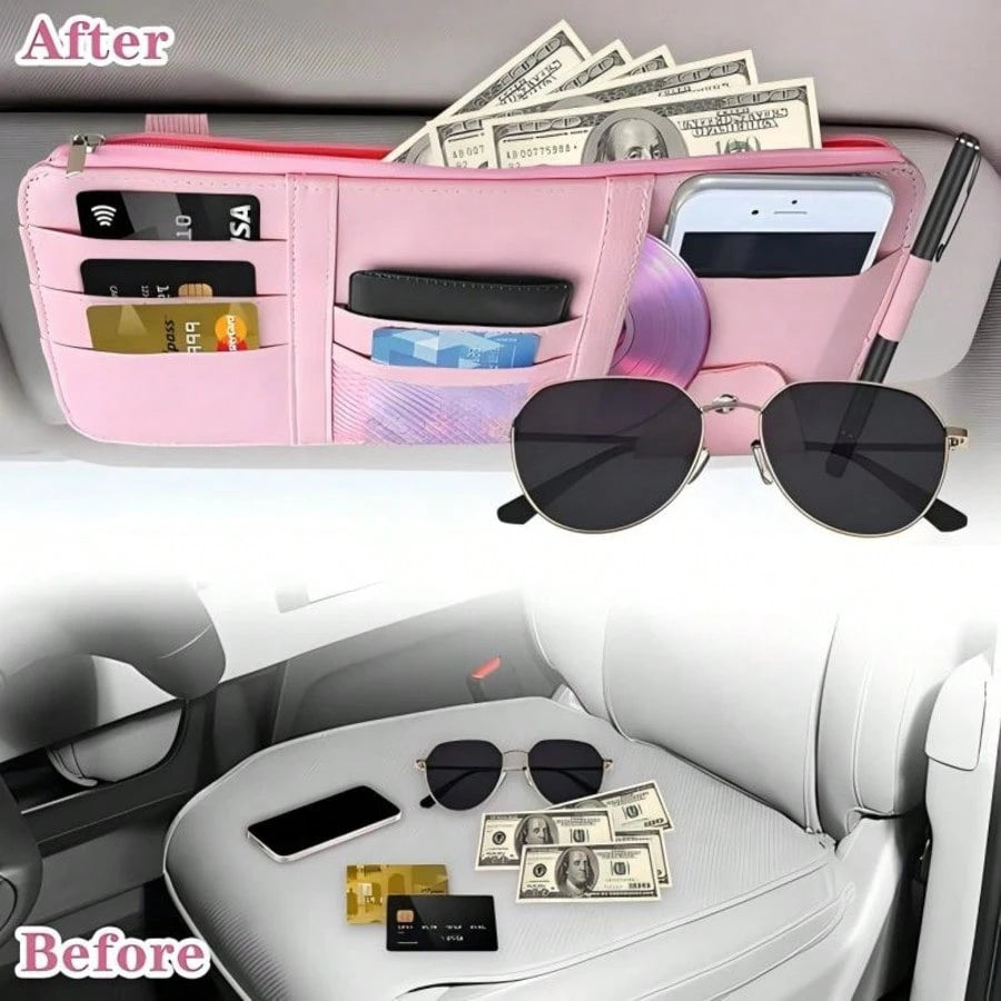 1-Piece Car Sun Visor Storage Bag/Eyeglass Clip- Multi-Functional Sun Visor Storage Bag With Zipper Design, Suitable For Sunglasses, Cards, Pens, Documents, Car Receipts, ID Cards, Truck Sun Visor St