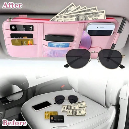 1-Piece Car Sun Visor Storage Bag/Eyeglass Clip- Multi-Functional Sun Visor Storage Bag With Zipper Design, Suitable For Sunglasses, Cards, Pens, Documents, Car Receipts, ID Cards, Truck Sun Visor St