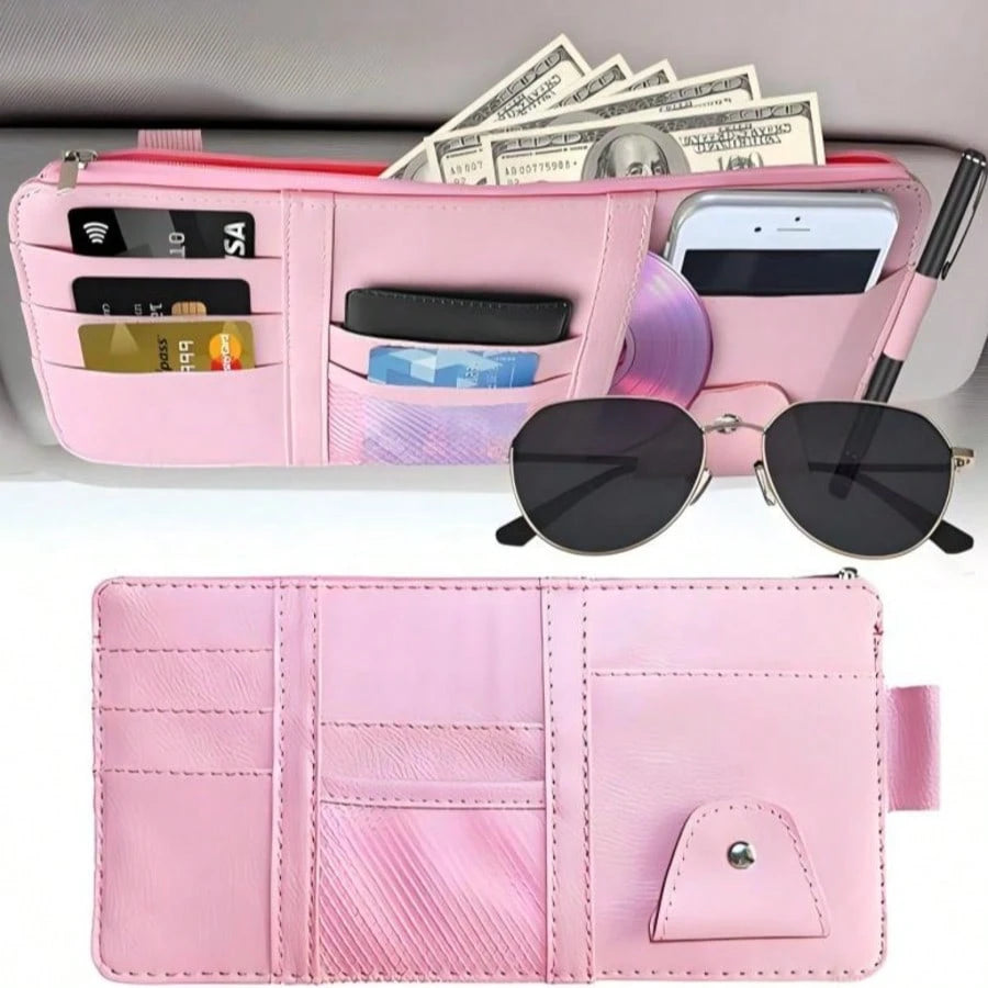 1-Piece Car Sun Visor Storage Bag/Eyeglass Clip- Multi-Functional Sun Visor Storage Bag With Zipper Design, Suitable For Sunglasses, Cards, Pens, Documents, Car Receipts, ID Cards, Truck Sun Visor St
