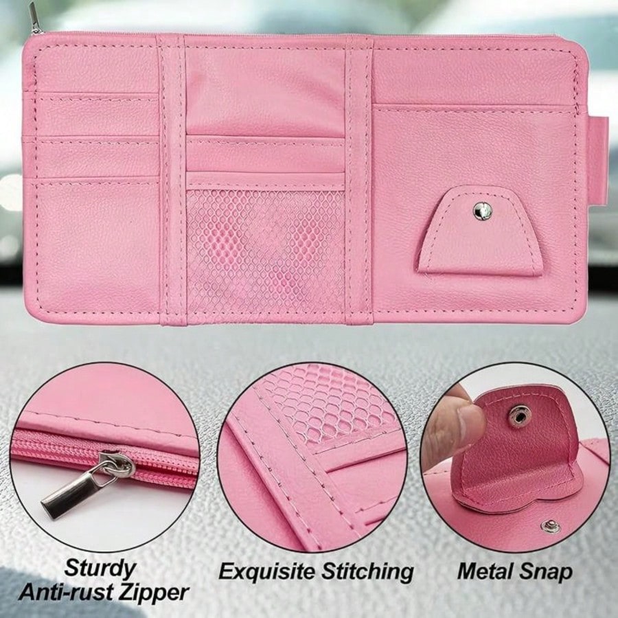 1-Piece Car Sun Visor Storage Bag/Eyeglass Clip- Multi-Functional Sun Visor Storage Bag With Zipper Design, Suitable For Sunglasses, Cards, Pens, Documents, Car Receipts, ID Cards, Truck Sun Visor St