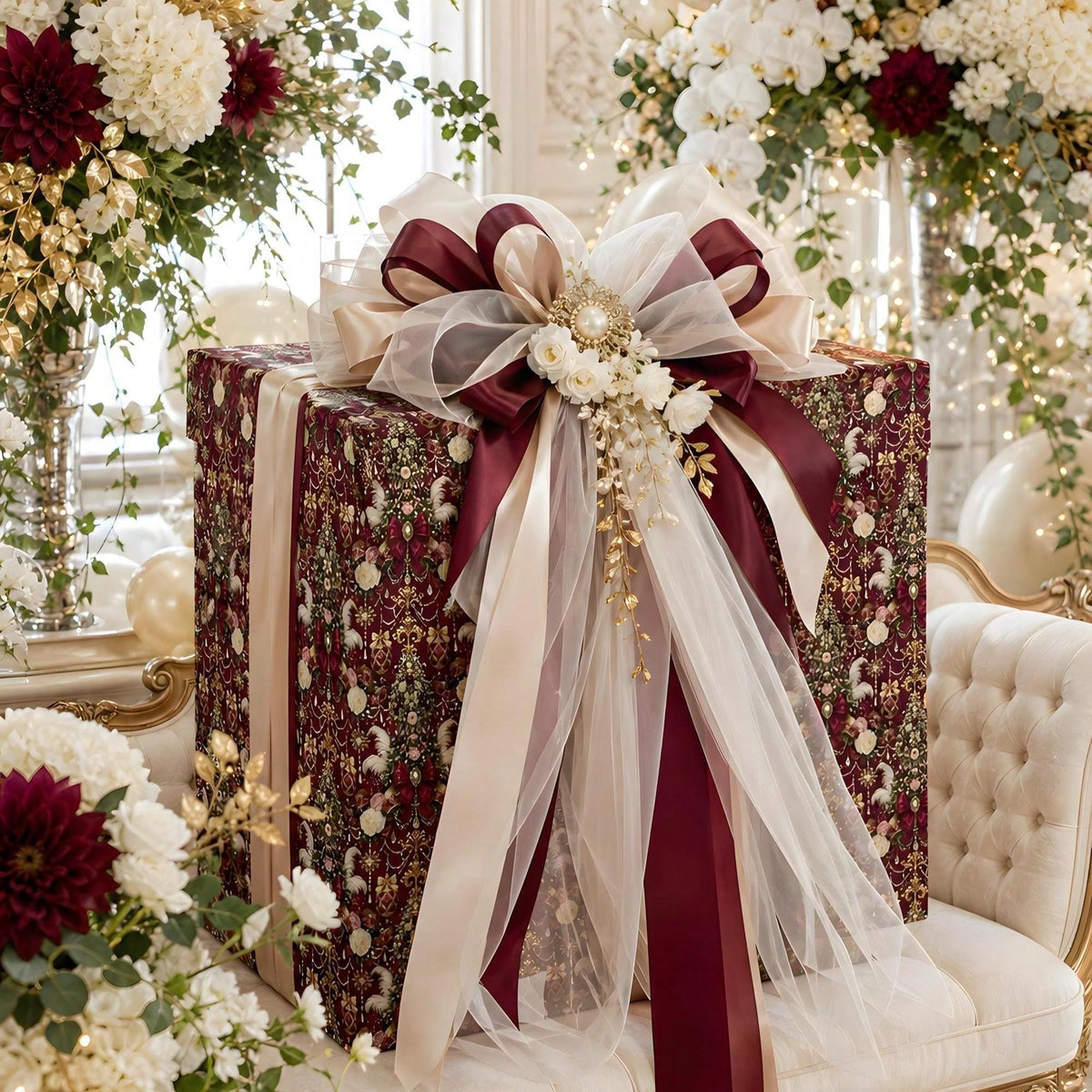 1 Roll- 58*23inch- Christmas Wrapping Paper Burgundy Vintage Gift Wrap Roll With Floral Tree Bow And Ornament Pattern