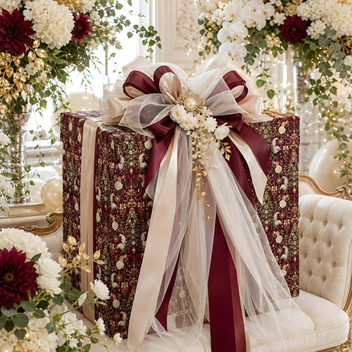 1 Roll- 58*23inch- Christmas Wrapping Paper Burgundy Vintage Gift Wrap Roll With Floral Tree Bow And Ornament Pattern
