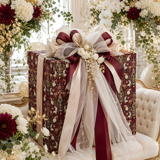 1 Roll- 58*23inch- Christmas Wrapping Paper Burgundy Vintage Gift Wrap Roll With Floral Tree Bow And Ornament Pattern