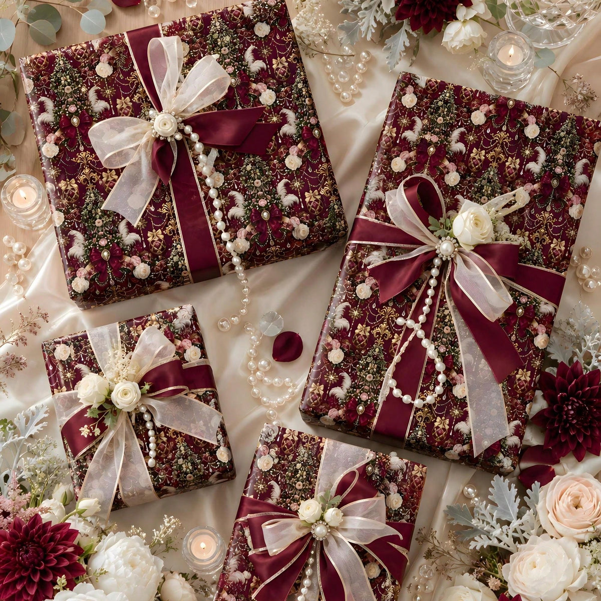 1 Roll- 58*23inch- Christmas Wrapping Paper Burgundy Vintage Gift Wrap Roll With Floral Tree Bow And Ornament Pattern
