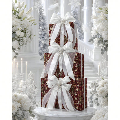 1 Roll- 58*23inch- Christmas Wrapping Paper Burgundy Vintage Gift Wrap Roll With Floral Tree Bow And Ornament Pattern