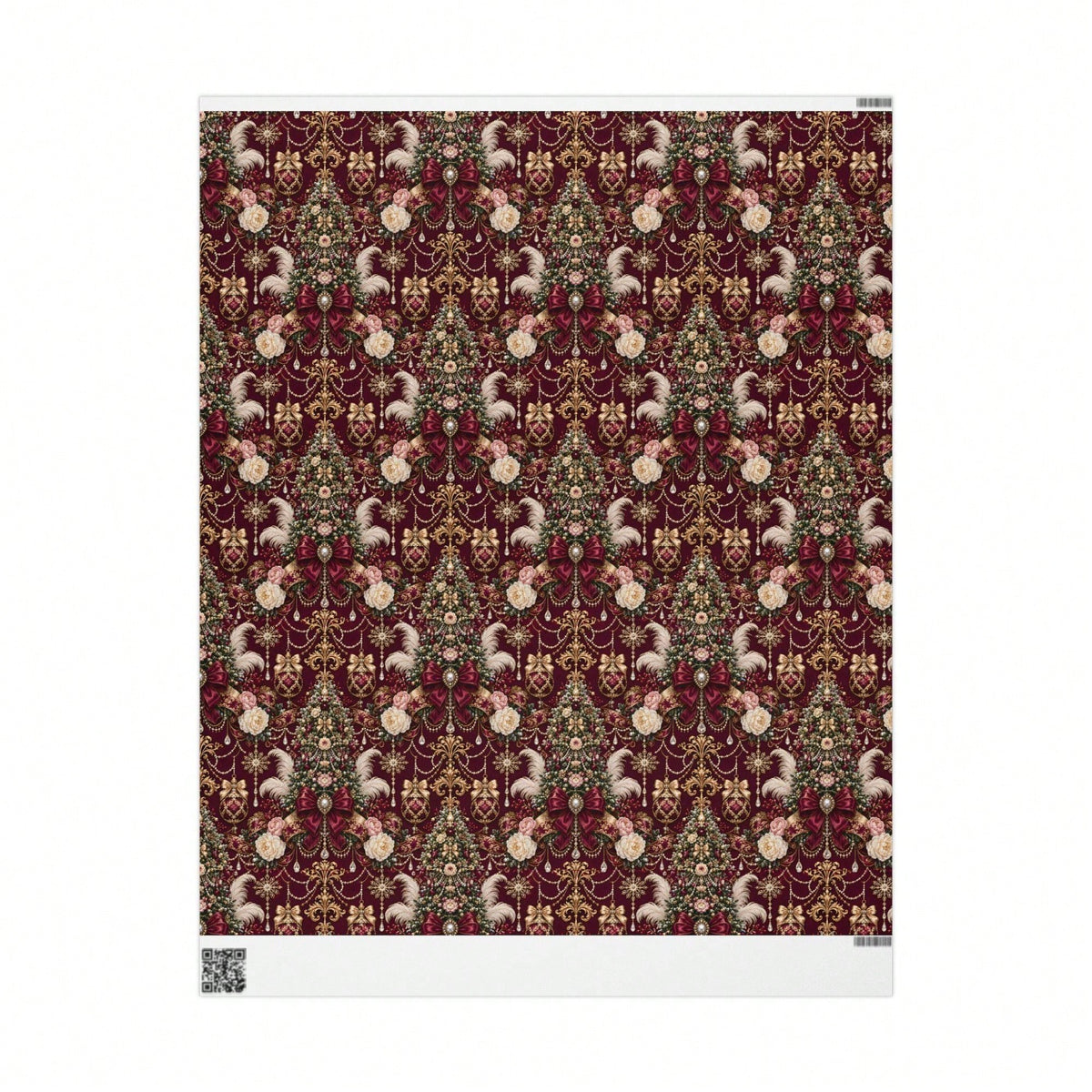 1 Roll- 58*23inch- Christmas Wrapping Paper Burgundy Vintage Gift Wrap Roll With Floral Tree Bow And Ornament Pattern