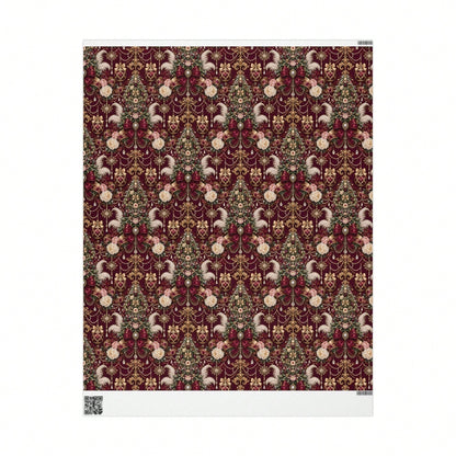 1 Roll- 58*23inch- Christmas Wrapping Paper Burgundy Vintage Gift Wrap Roll With Floral Tree Bow And Ornament Pattern