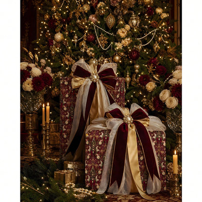 1 Roll- 58*23inch- Christmas Wrapping Paper Burgundy Vintage Gift Wrap Roll With Floral Tree Bow And Ornament Pattern