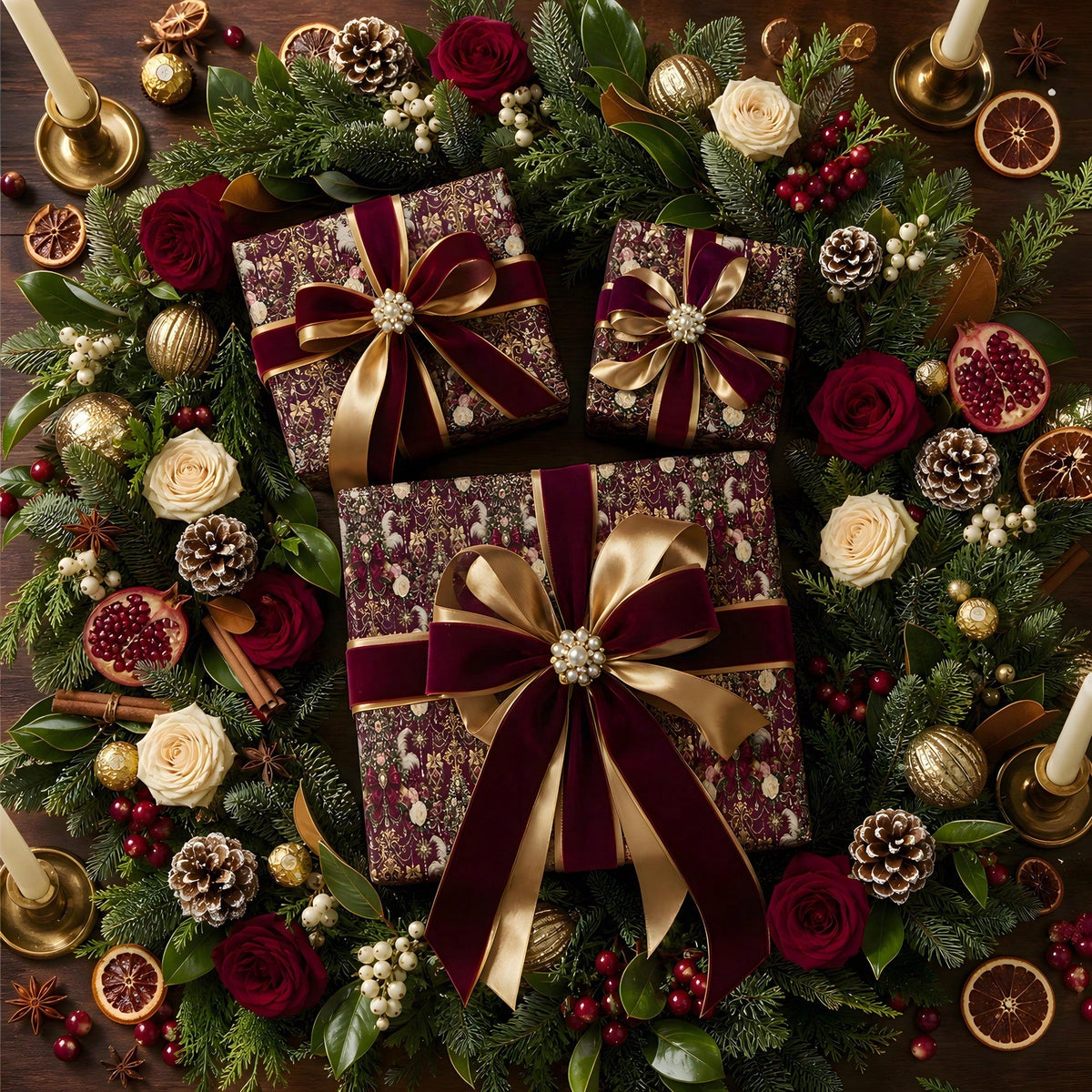1 Roll- 58*23inch- Christmas Wrapping Paper Burgundy Vintage Gift Wrap Roll With Floral Tree Bow And Ornament Pattern