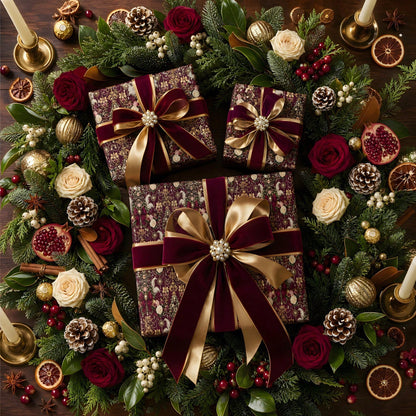 1 Roll- 58*23inch- Christmas Wrapping Paper Burgundy Vintage Gift Wrap Roll With Floral Tree Bow And Ornament Pattern