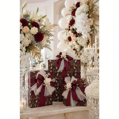 1 Roll- 58*23inch- Christmas Wrapping Paper Burgundy Vintage Gift Wrap Roll With Floral Tree Bow And Ornament Pattern
