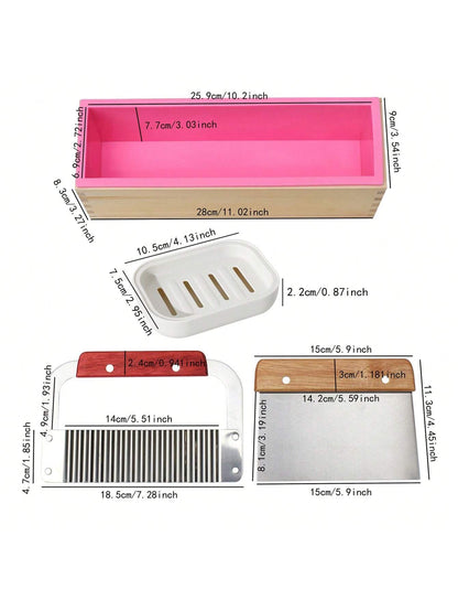 1 Set 44oz Silicone Handmade Soap Making Kit, Includes Silicone Molds, Wooden Box, Stainless Steel Wavy And Straight Cutting Tools And Other Accessories, Suitable For Making Handmade Soap, Plaster, Ca