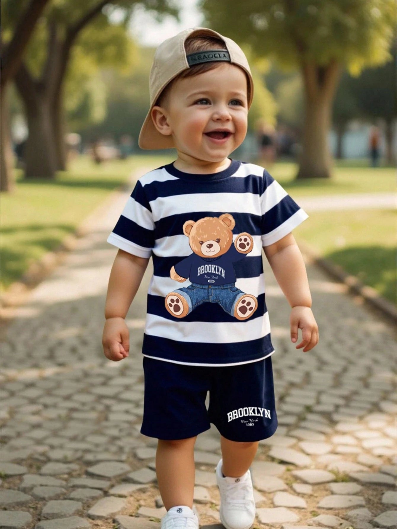 1 Set Baby Boy Casual Cute Bear & Stripe Print Round Neck Short Sleeve T-Shirt Paired With Brooklyn Navy Shorts Set, Suitable For Summer Outings