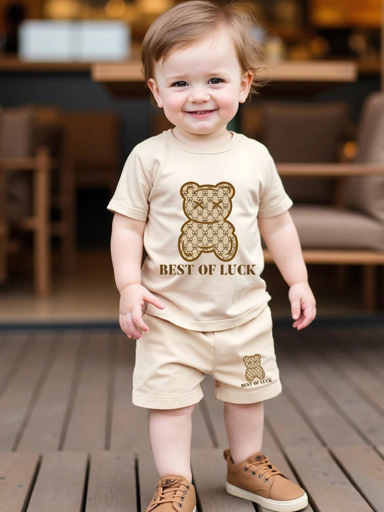 1 Set Baby Boy Casual Cute Bear & Stripe Print Round Neck Short Sleeve T-Shirt Paired With Brooklyn Navy Shorts Set, Suitable For Summer Outings