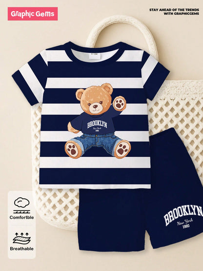 1 Set Baby Boy Casual Cute Bear & Stripe Print Round Neck Short Sleeve T-Shirt Paired With Brooklyn Navy Shorts Set, Suitable For Summer Outings