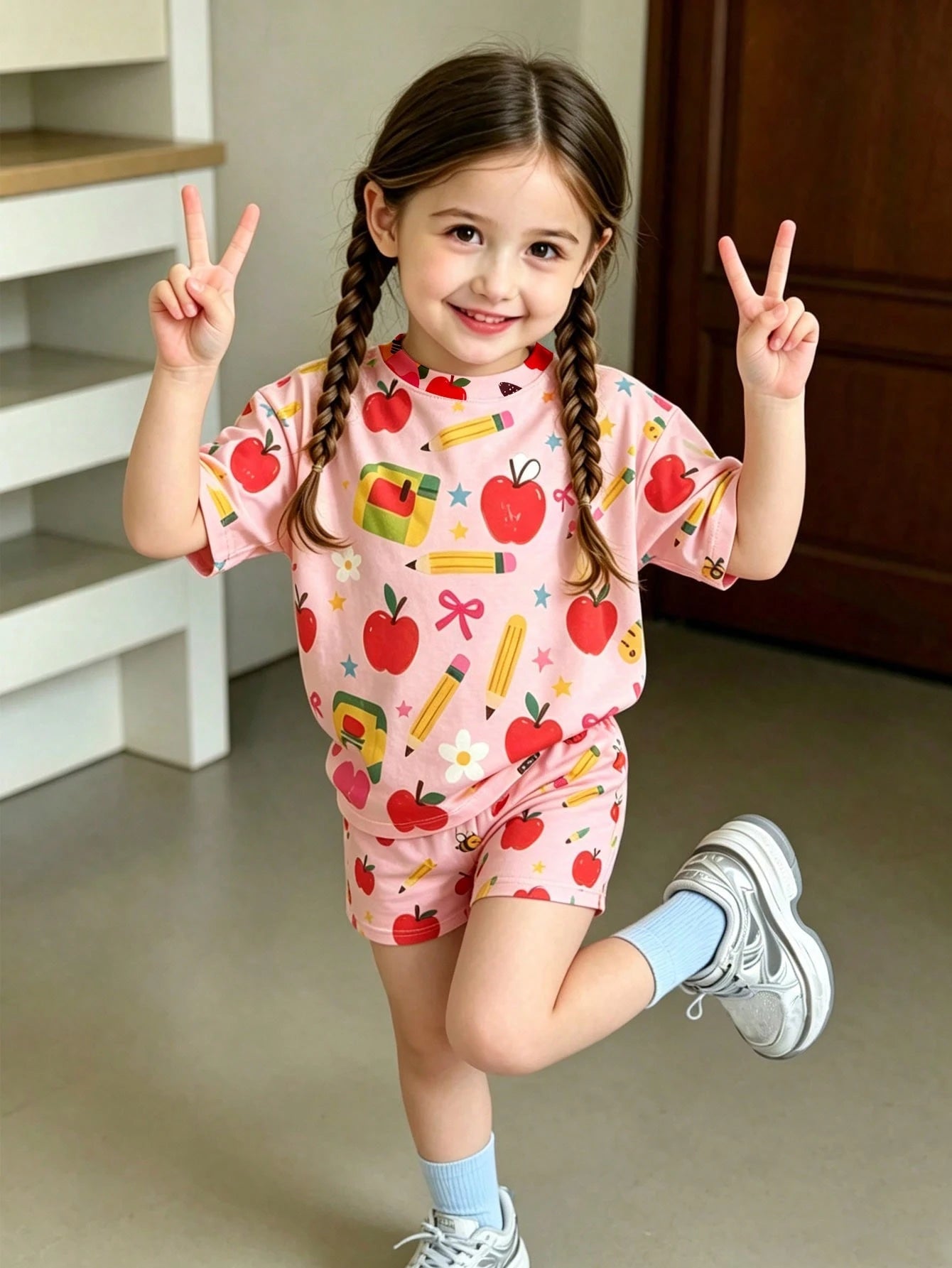 1 Set Baby Girl Casual Sweet Cartoon Print T-Shirt And Shorts