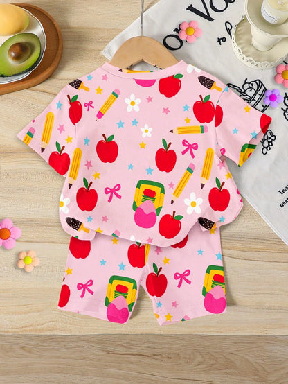 1 Set Baby Girl Casual Sweet Cartoon Print T-Shirt And Shorts
