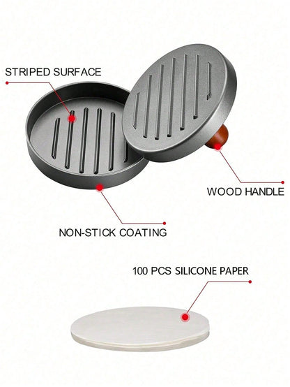 1 Set Burger Press With 100 Pcs Non-Stick Papers- Hamburger Patty Maker, Kitchen Tool For Party Family Gathering
