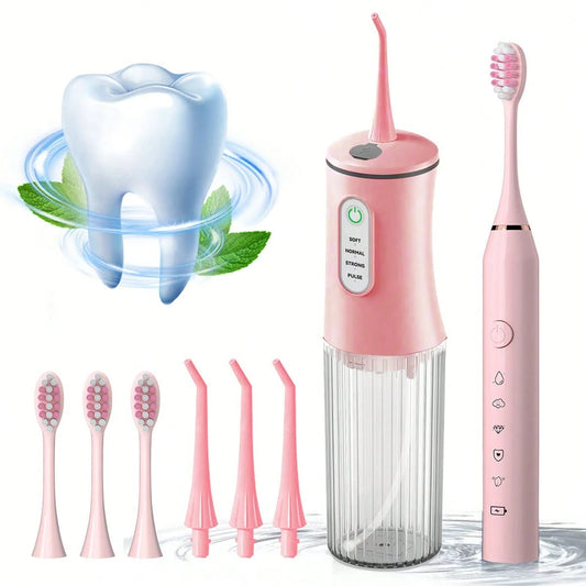 1 Set Electric Water Flosser With 4 Nozzles, 1 Set Electric Toothbrush With 4 Replaceable Brush Heads, Long Battery Life Portable USB Rechargeable Combo Kit, Suitable For Home Oral And Dental Care