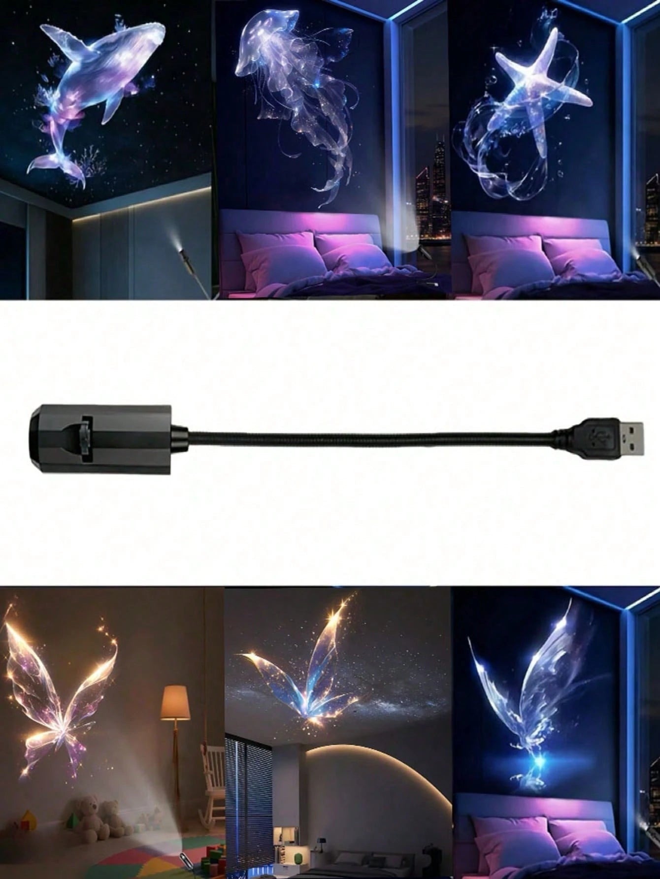 1 Set Mini USB Ocean Projection Lamp, LED Butterfly Projection Light, Including Whale/Jellyfish, Starfish, Butterfly Patterns, Starry Sky Projection Lamp, 360° Adjustable LED Ceiling Decor Light, Suit