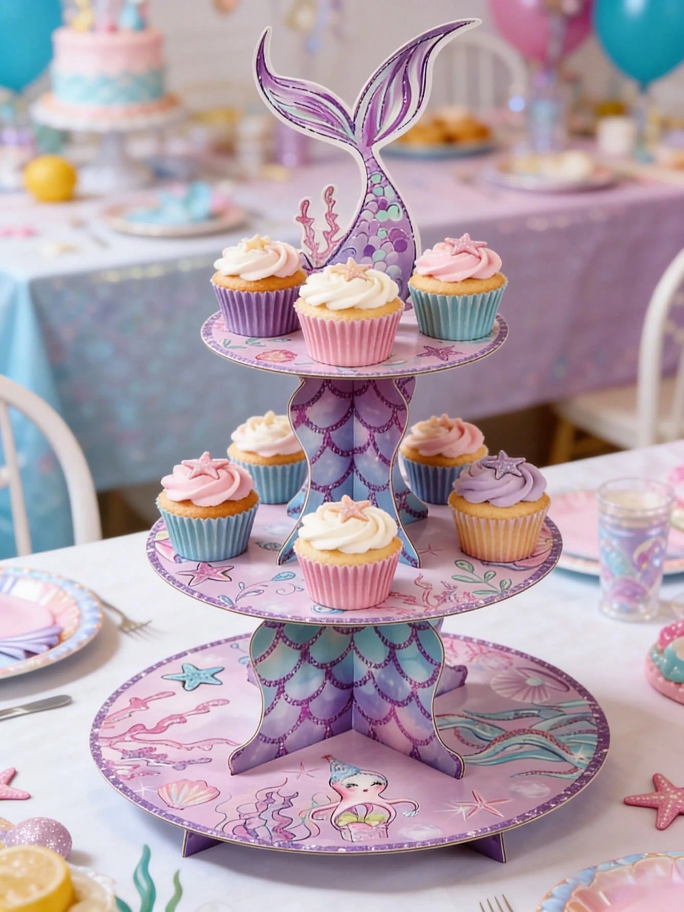 1 Set Purple Mermaid Shaped Cake Stand, Mermaid Theme Birthday Party Dessert Display Rack, Mermaid Tail Pattern Cupcake Stand, Suitable For Cake Decoration, Mermaid Theme Baby 1st Birthday Party Decor