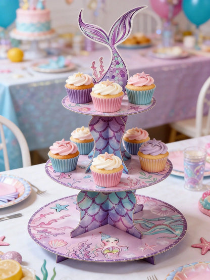 1 Set Purple Mermaid Shaped Cake Stand, Mermaid Theme Birthday Party Dessert Display Rack, Mermaid Tail Pattern Cupcake Stand, Suitable For Cake Decoration, Mermaid Theme Baby 1st Birthday Party Decor