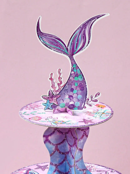 1 Set Purple Mermaid Shaped Cake Stand, Mermaid Theme Birthday Party Dessert Display Rack, Mermaid Tail Pattern Cupcake Stand, Suitable For Cake Decoration, Mermaid Theme Baby 1st Birthday Party Decor