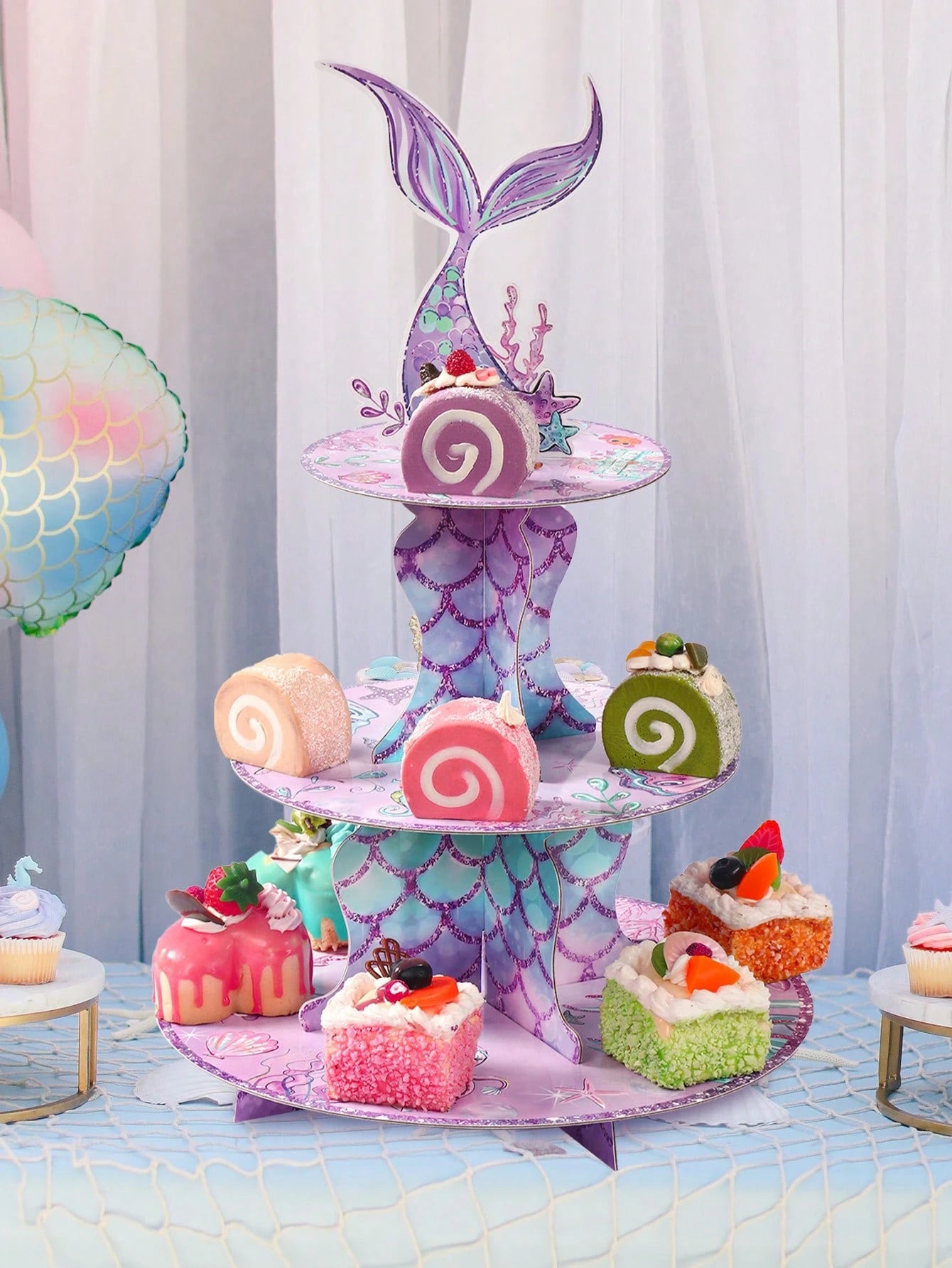 1 Set Purple Mermaid Shaped Cake Stand, Mermaid Theme Birthday Party Dessert Display Rack, Mermaid Tail Pattern Cupcake Stand, Suitable For Cake Decoration, Mermaid Theme Baby 1st Birthday Party Decor