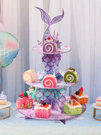 1 Set Purple Mermaid Shaped Cake Stand, Mermaid Theme Birthday Party Dessert Display Rack, Mermaid Tail Pattern Cupcake Stand, Suitable For Cake Decoration, Mermaid Theme Baby 1st Birthday Party Decor