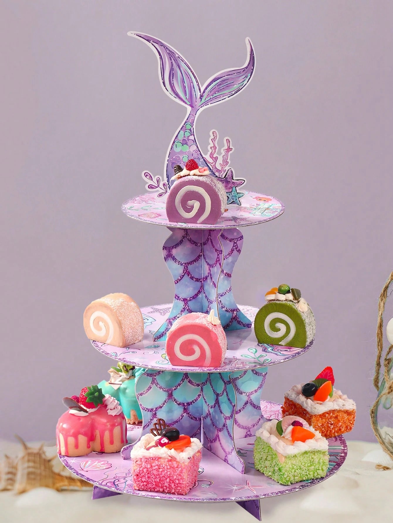 1 Set Purple Mermaid Shaped Cake Stand, Mermaid Theme Birthday Party Dessert Display Rack, Mermaid Tail Pattern Cupcake Stand, Suitable For Cake Decoration, Mermaid Theme Baby 1st Birthday Party Decor