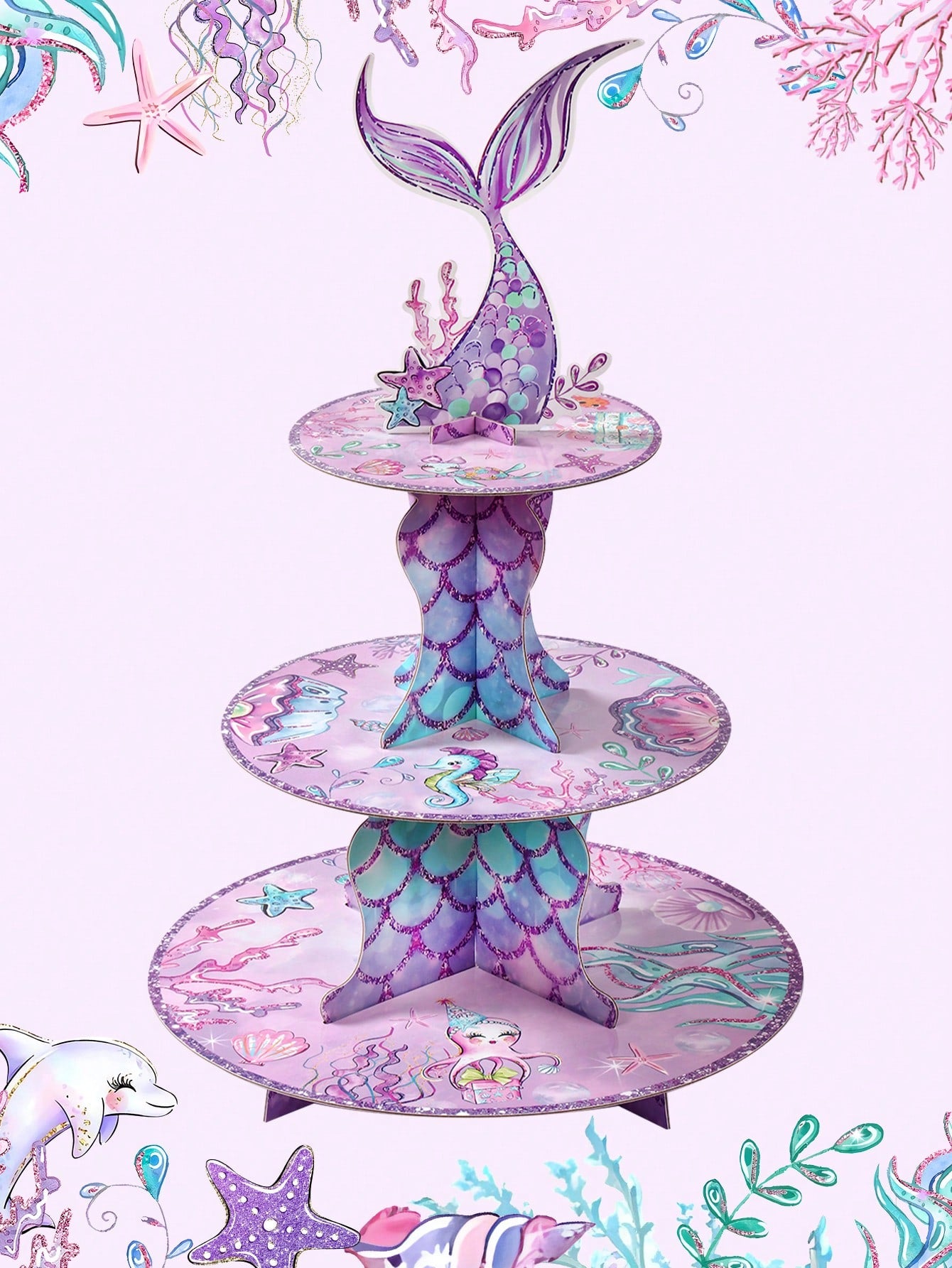 1 Set Purple Mermaid Shaped Cake Stand, Mermaid Theme Birthday Party Dessert Display Rack, Mermaid Tail Pattern Cupcake Stand, Suitable For Cake Decoration, Mermaid Theme Baby 1st Birthday Party Decor